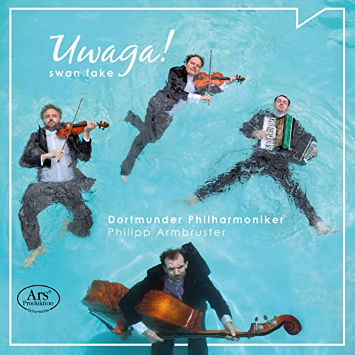 CD cover: musicians in suits playing instruments in a swimming pool.