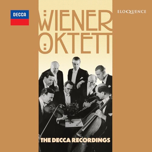 Black and white photo of the Wiener Oktett ensemble playing classical instruments.