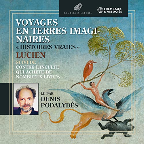 Book cover with fantastical illustration of figures and birds, plus author portrait.