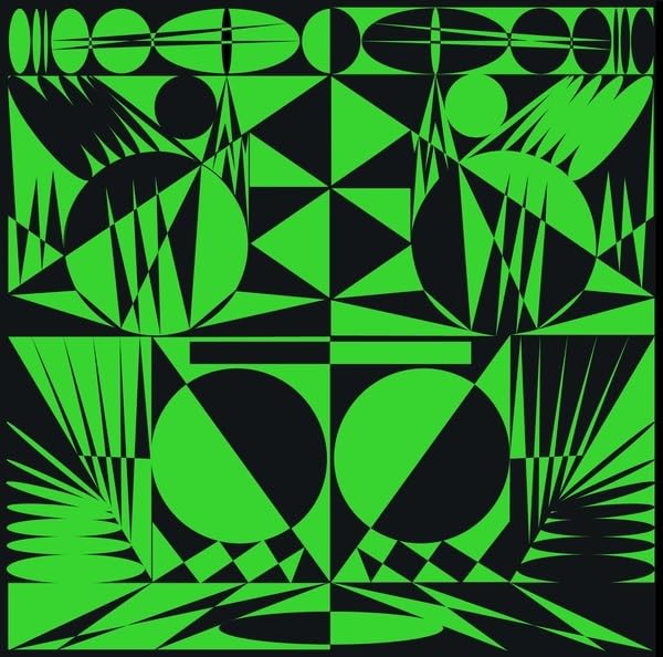 Green and black geometric album cover with circles and triangles.