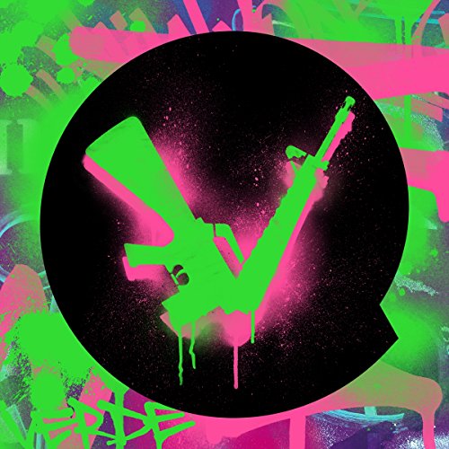 Black circle with neon pink and green spray-painted gun, graffiti background.