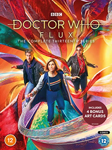 Doctor Who Series 13 DVD cover featuring three characters against a colorful abstract background.