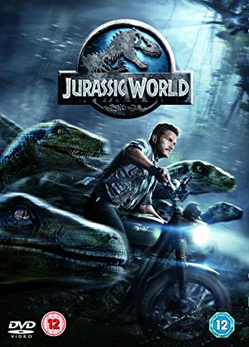 A man rides a motorcycle through a jungle surrounded by several velociraptors.