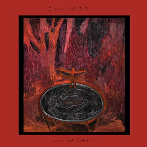 Red and black abstract painting of a cauldron with a figure inside.