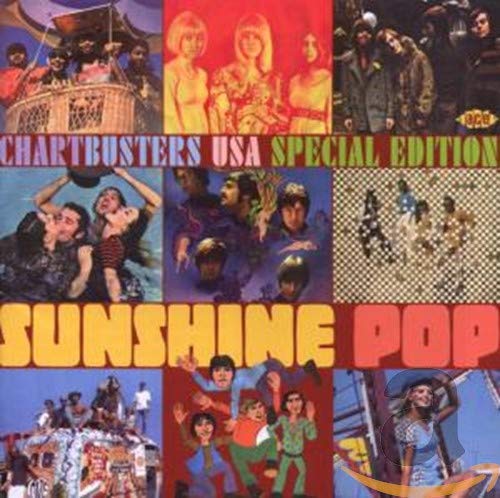 Collage of vintage 1960s pop music photos with text Chartbusters USA Sunshine Pop.