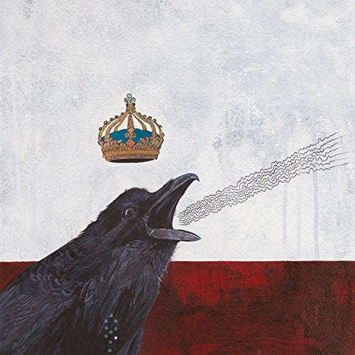 Painted image of a black raven looking up at a golden crown.