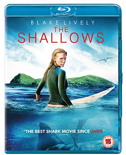 Blu-ray cover for "The Shallows" featuring a surfer in the ocean.