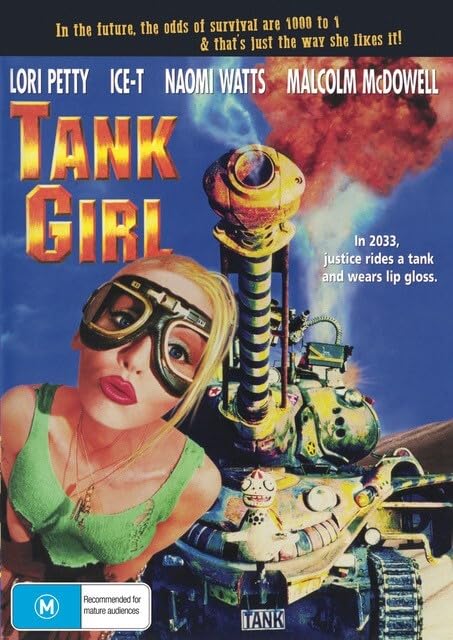 DVD cover for "Tank Girl" featuring a woman with goggles and a tank.