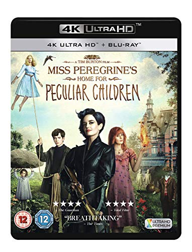 Miss Peregrine's Home for Peculiar Children" 4K Blu-ray cover with film characters.
