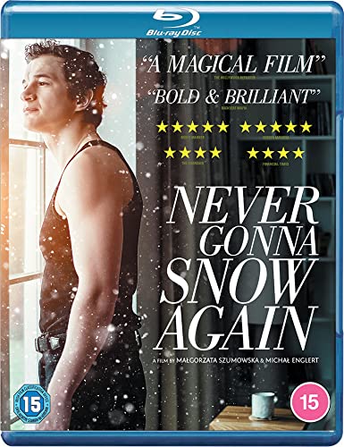 Blu-ray cover for “Never Gonna Snow Again” featuring a man looking out a window.