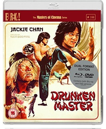 Drunken Master Blu-ray cover featuring illustrated scenes of Jackie Chan performing martial arts.