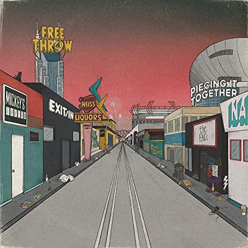 Illustration of a street scene with storefronts under a red sky.