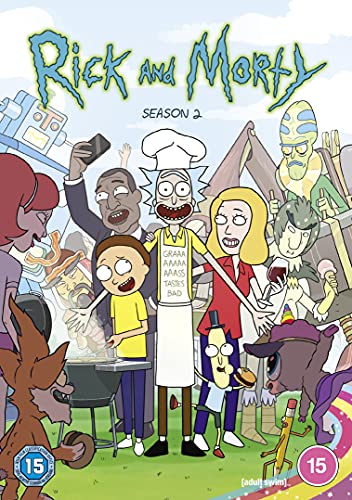 Rick and Morty Season 2 DVD cover with characters at a barbecue.