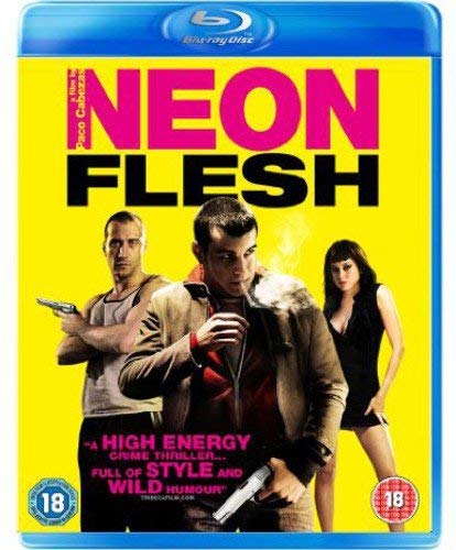 Neon Flesh" Blu-ray cover with three people and guns, yellow background.