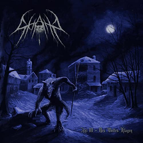 CD cover: werewolf stands before a village under a full moon.