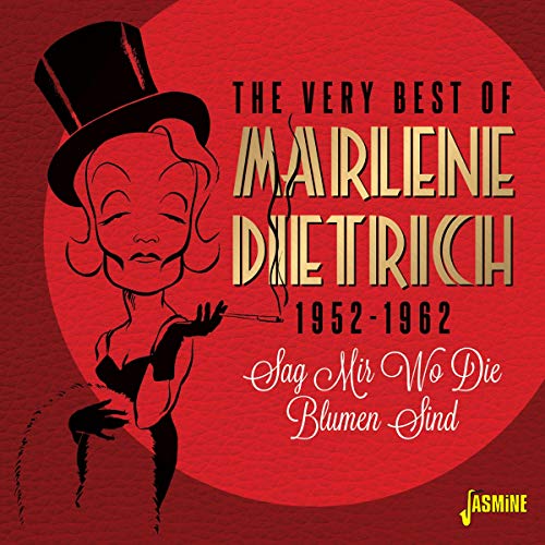 Marlene Dietrich CD cover, red background, illustrated portrait with top hat.