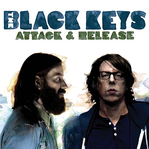 The Black Keys' "Attack & Release" album cover featuring two men's portraits.
