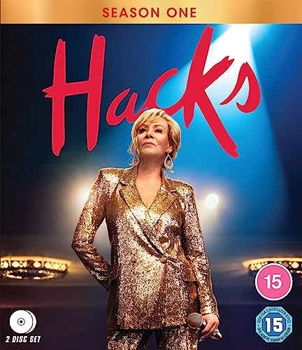 Hacks" Season 1 Blu-ray cover featuring Jean Smart on stage with a microphone.