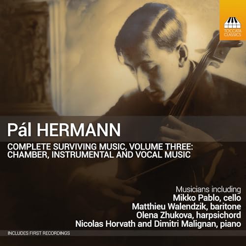 CD cover featuring a sepia-toned portrait of a cellist, Pál Hermann.