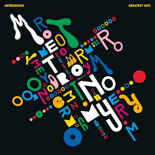 Metronomy Greatest Hits vinyl cover with colorful, abstract typography scattered on a black background.