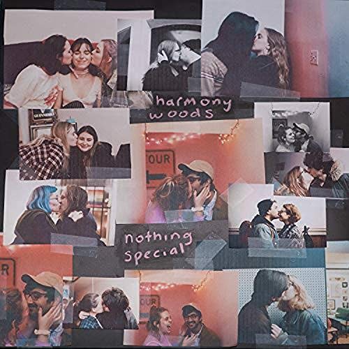 Collage of intimate photos of couples and friends, album cover for Harmony Woods.