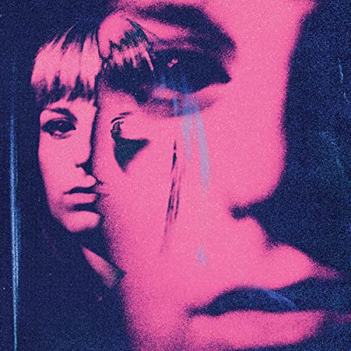 Distorted pink and blue portrait of a woman, album cover art.