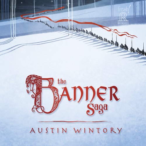 CD cover for "The Banner Saga" soundtrack, snowy landscape, red banner.