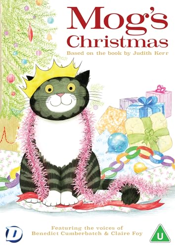 Mog's Christmas" DVD cover featuring a cat wearing a crown and tinsel.