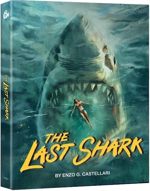 Blu-ray cover for “The Last Shark” featuring a shark and swimmer.