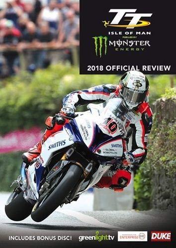 DVD cover featuring a motorcycle racer in action, "TT 2018 Review".