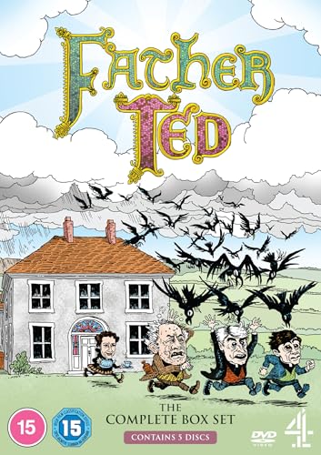 Cartoon illustration of Father Ted characters running from crows in front of a house.
