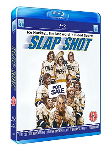Slap Shot" Blu-ray cover featuring a hockey team with a "For Sale" sign.
