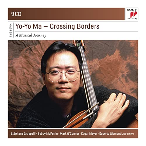 Yo-Yo Ma with a cello, album cover for "Crossing Borders" CD.