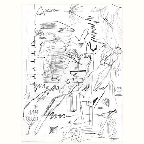 Black and white abstract sketch of lines and shapes on a white background.