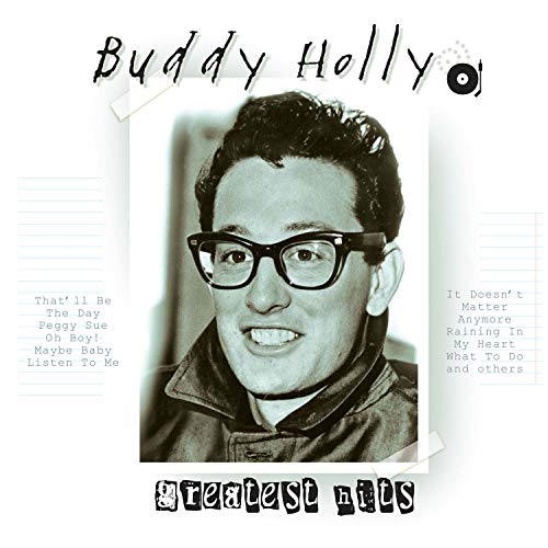 Black and white portrait of Buddy Holly wearing glasses, album cover.