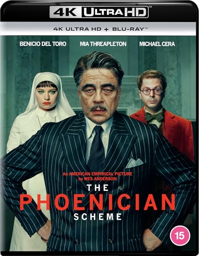 Blu-ray cover for "The Phoenician Scheme" featuring Benicio del Toro and others.