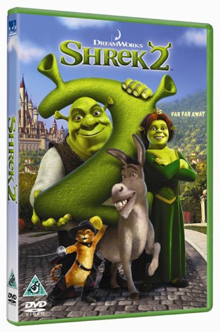 Shrek 2" DVD cover featuring Shrek, Fiona, Donkey, and Puss in Boots.