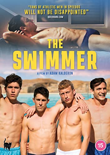 DVD cover for "The Swimmer" featuring four shirtless men by a pool.