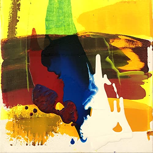 Abstract painting with bold strokes of red, blue, green, and yellow.