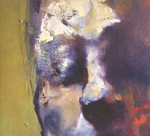 Abstract painting with textured brushstrokes in shades of purple, green, and white.