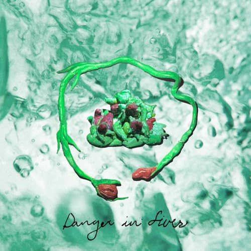 Album cover with abstract green and red shapes against a teal background.