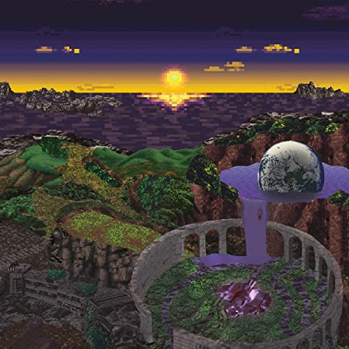 Pixel art landscape with a glowing orb and stone structure.