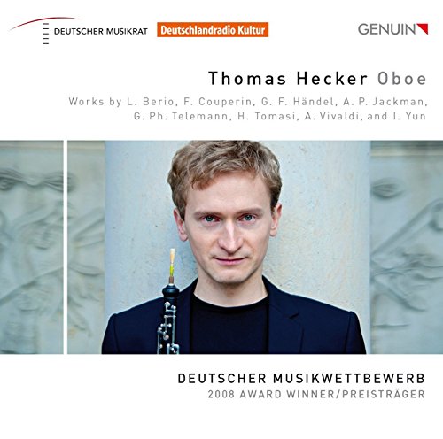 CD cover featuring portrait of oboist Thomas Hecker with his instrument.