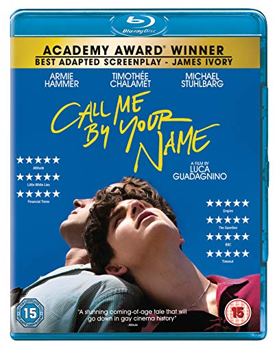 Call Me By Your Name" Blu-ray cover with two young men looking upwards.