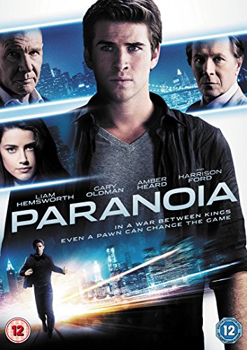 Paranoia" DVD cover featuring Liam Hemsworth, Gary Oldman, and Harrison Ford.