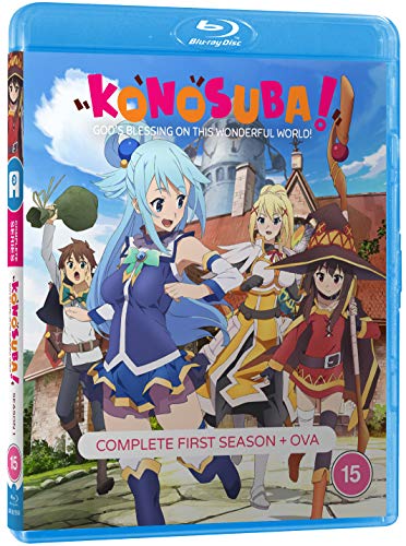 Konosuba Season 1 Blu-ray case featuring four anime characters walking outdoors.