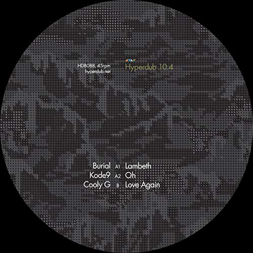 Black vinyl record label with white text listing artist and track names.