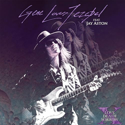 Musician playing electric guitar, purple background, album cover for Gene Loves Jezebel.