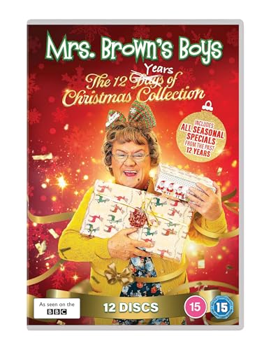 Mrs. Brown's Boys DVD cover featuring a woman holding Christmas gifts.