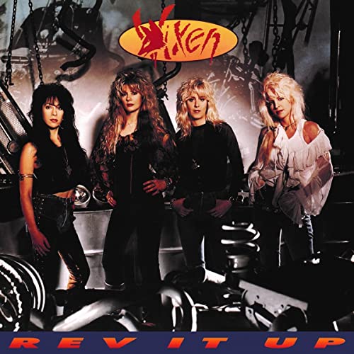 1980s rock band Vixen album cover, "Rev It Up," with four members.